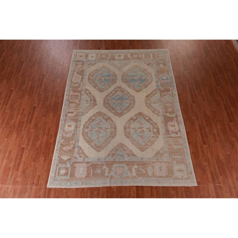 Hand Knotted Oriental 100% Wool Carpet Transitional Geometric Beige & Ivories Oushak Area Rug - 11' 10'' X 8' 6''