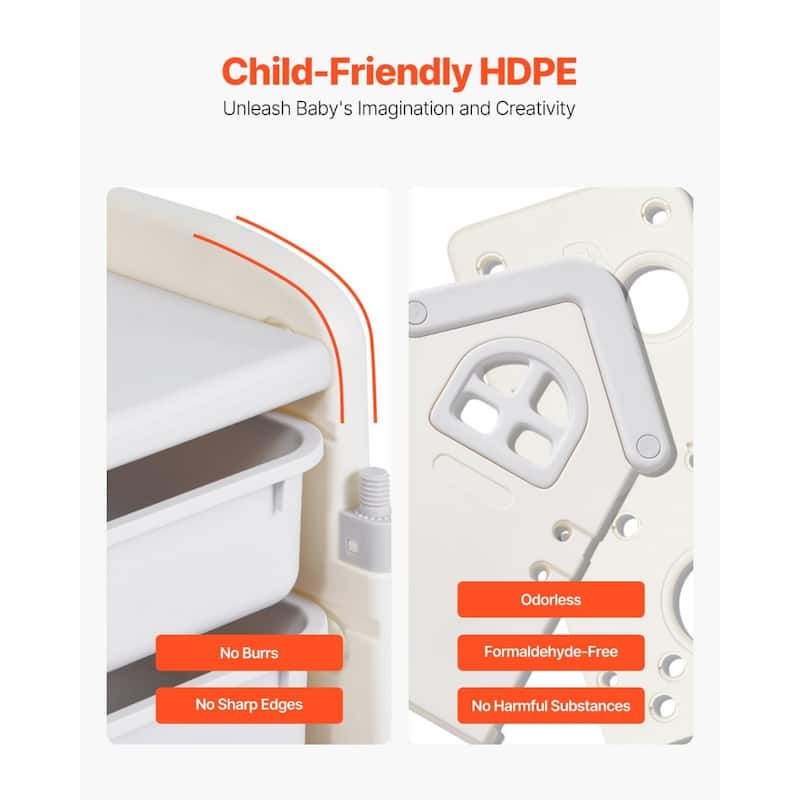 4-Tier Beige HDPE Kids Toy Organizer with Bookshelf and Storage Bins for Playroom and Nursery