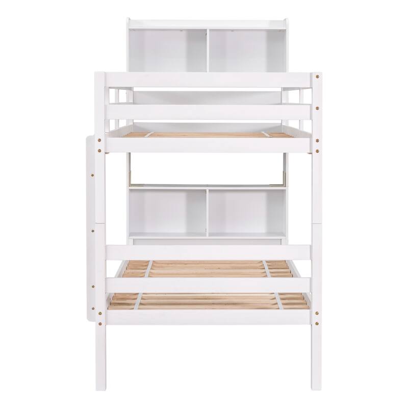 White Twin Size Solid Wood Detachable Bunk Beds with Bookcase Headboard