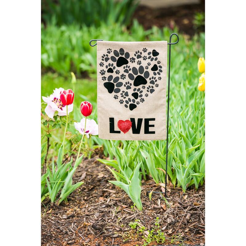 Paw Prints Heart Garden Burlap Flag