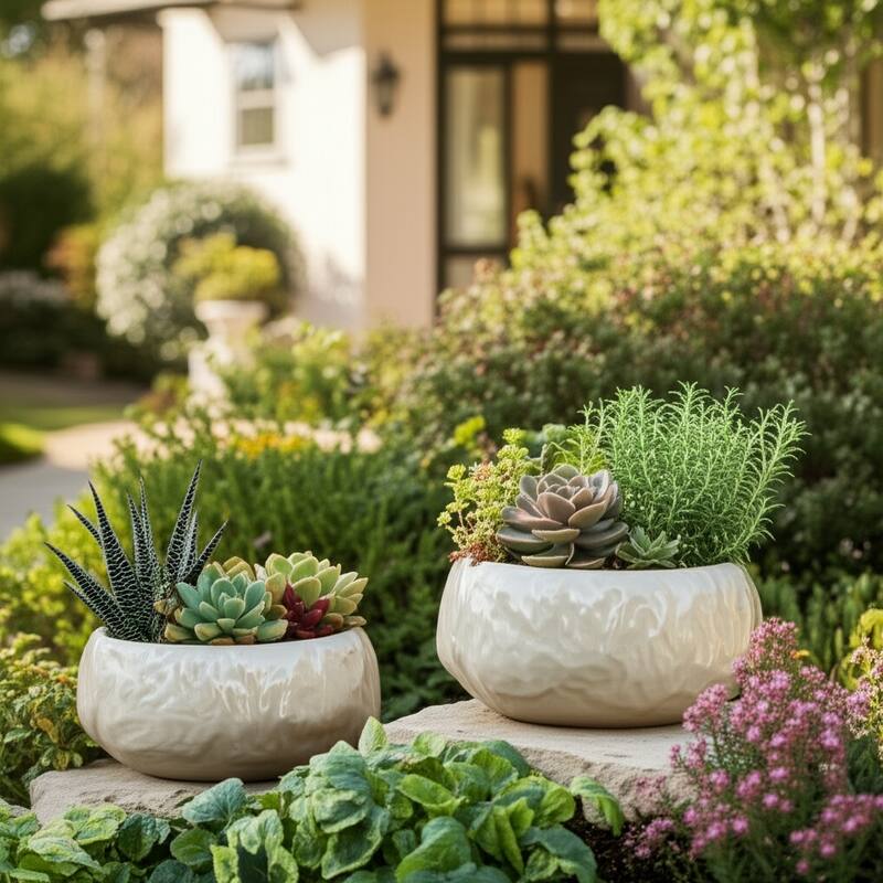 Stoneware Planters Modern Rounded Design and Texture Detail (Set of 2) - 12" x 12" x 5"