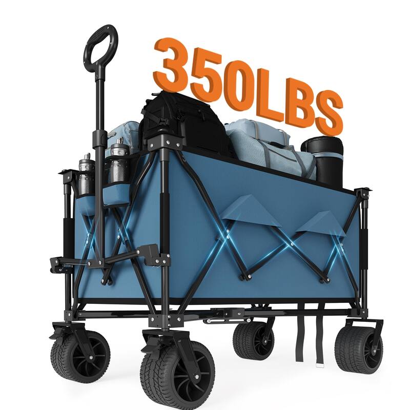 Folding All Terrain Utility Wagon Cart with Wheels and Cup Holders