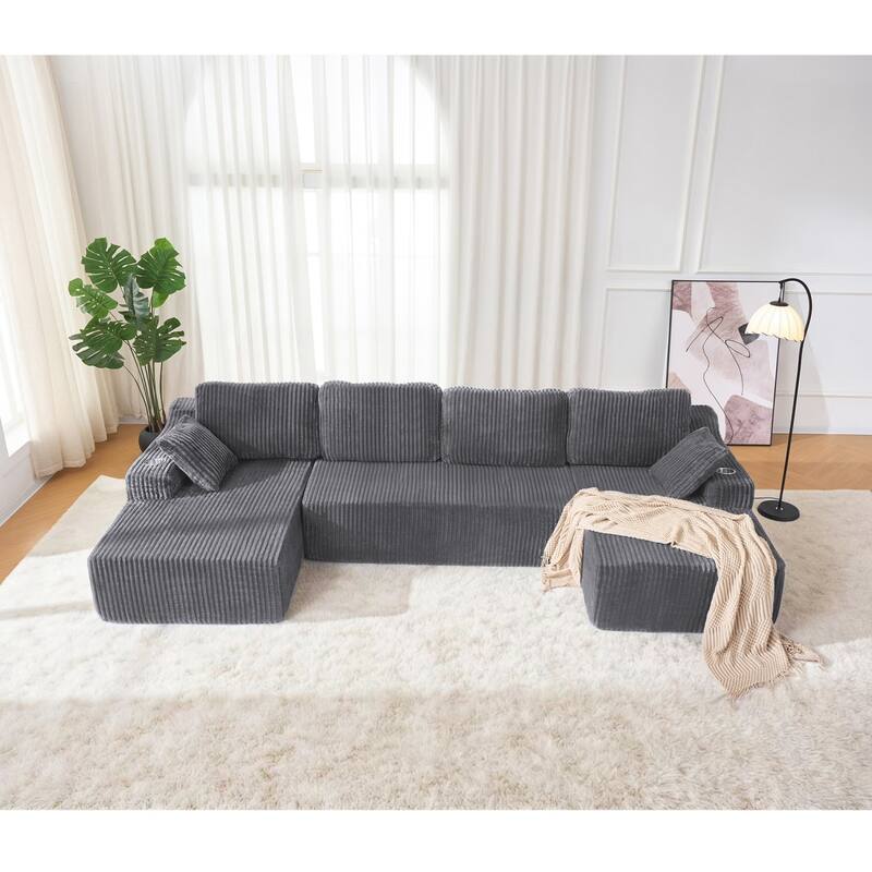 130" U-Shaped Corduroy Sectional Sofa with Cup Holders, No Assembly Required - Dark Grey