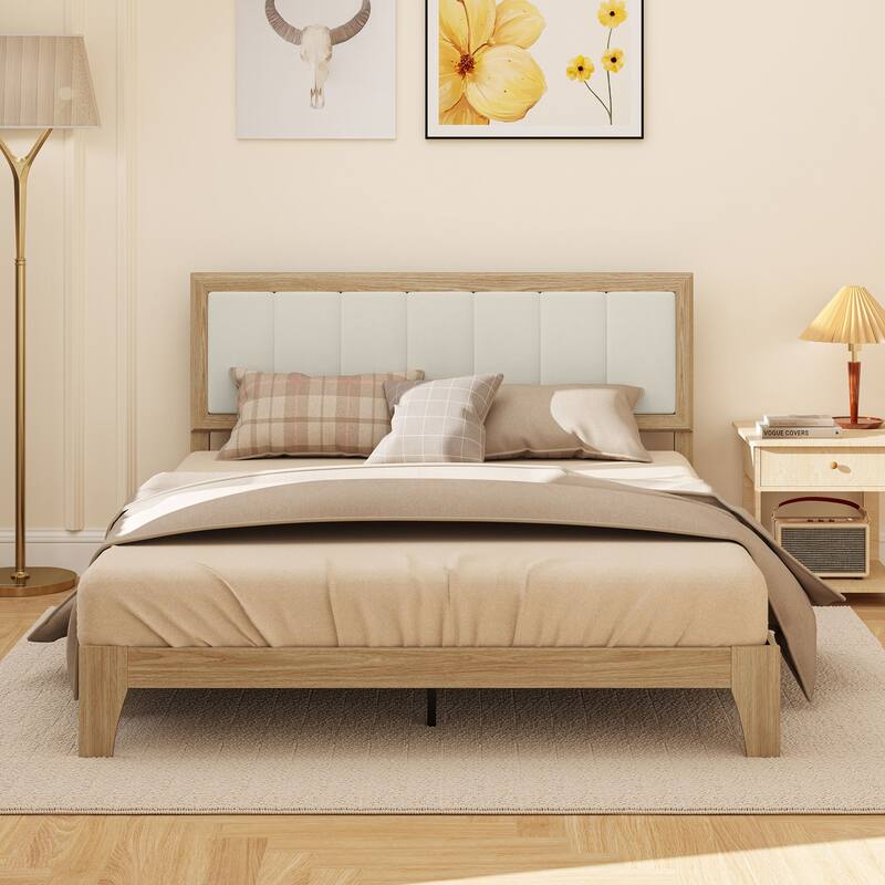 HOMCOM Queen Size Bed Frame with Upholstered Headboard, Platform Bed Frame with Wooden Slats, No Box Spring Needed