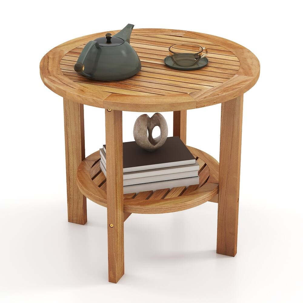 Gymax Teak Wood 2-Tier Side Table 19.5'' Round Coffee Table End Table
