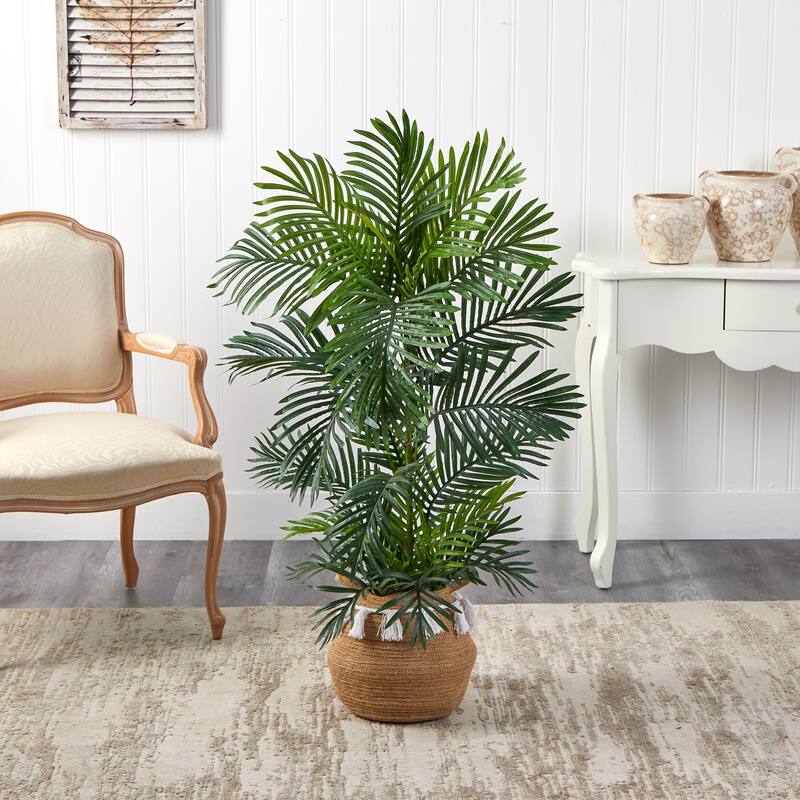 Artificial Palm Tree 4ft Indoor Outdoor - Boho Planter Included - Chic Decor - Faux Tree for Home Patio - Green