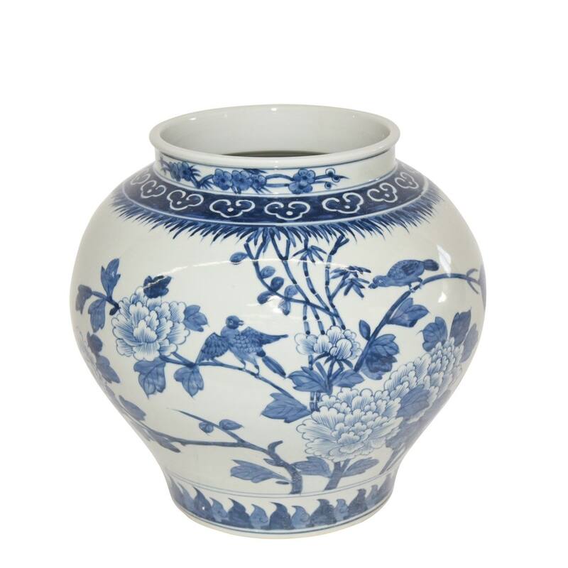 Blue & White Bird Floral Open Top Jar