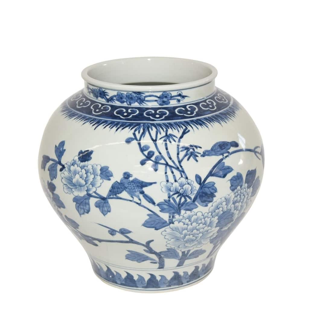 Blue & White Bird Floral Open Top Jar