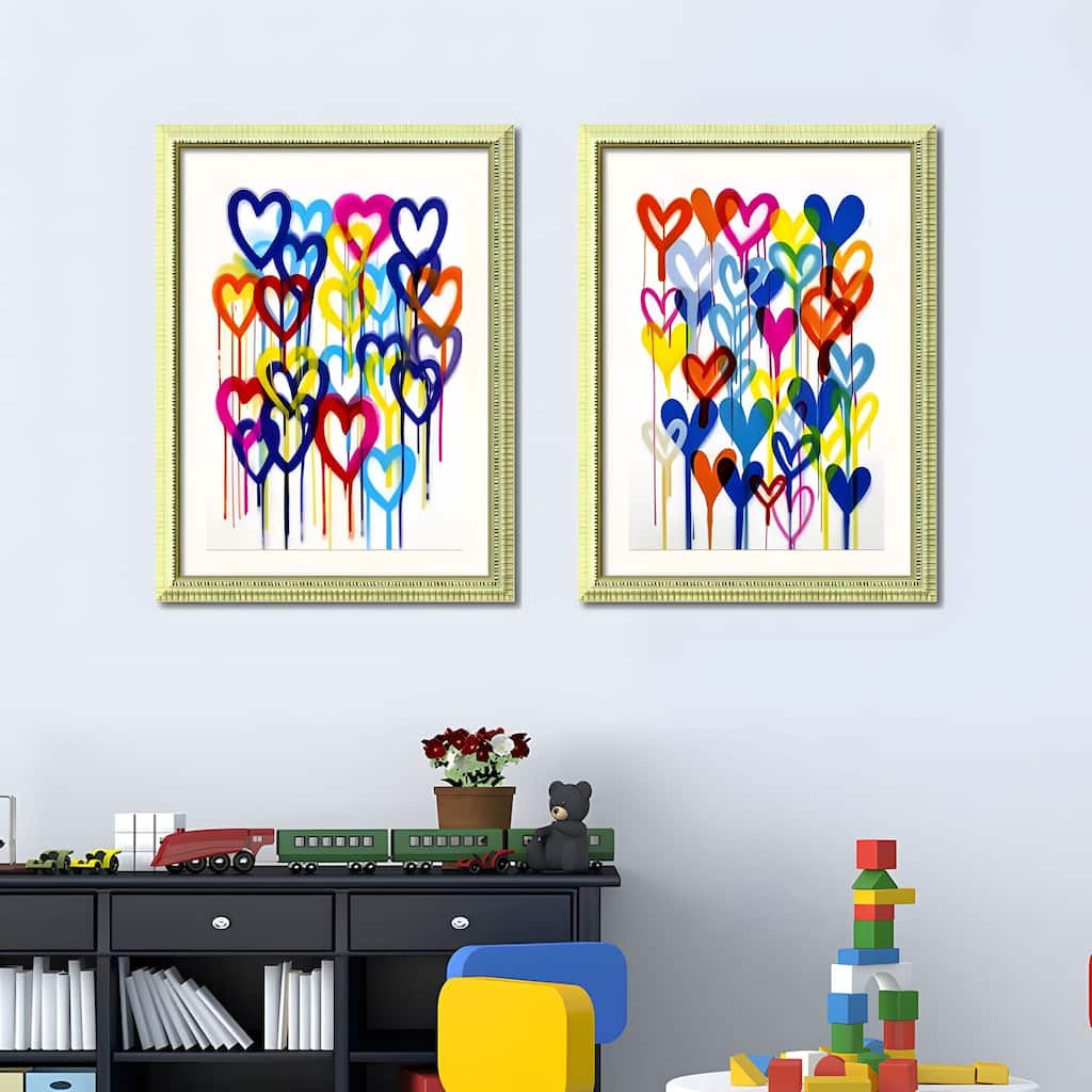 Set of 2 Colorful Heart Graffiti Framed Wall Art - Replaceable Canvas Prints with Solid Wood Picture Frames - Blue+Red