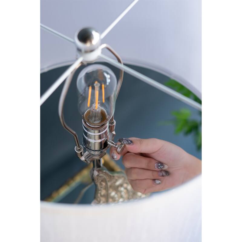 D15x29.3" White and Silver Leaf Table Lamp with Drum Shade and Marble Base