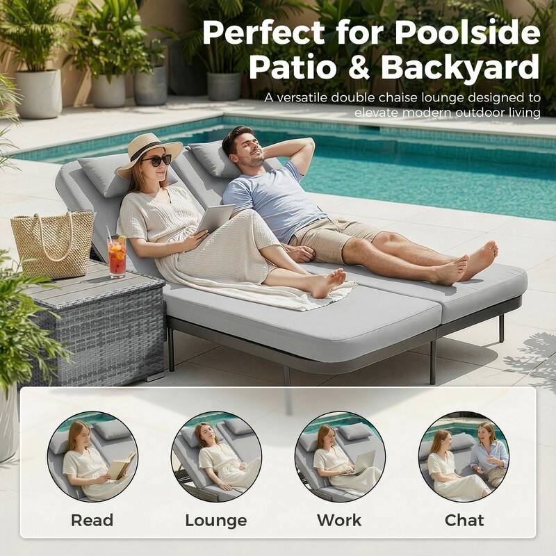 2-Person Outdoor Double Chaise Lounge with 2 Side Tables, Wicker Patio Reclining Daybed, Adjustable Backrests, 800 lb Capacity