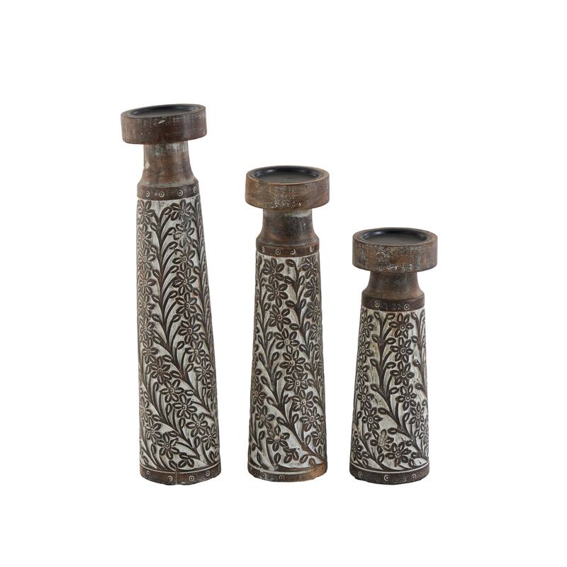 Mango Wood Floral Handmade Carved Pillar Candle Holder with Cream Accents - Set of 3 Brown - Roche River Decor