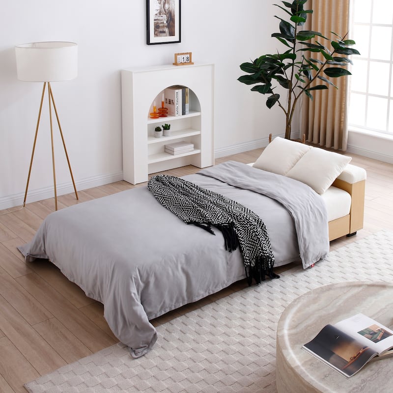 Convertible Sleeper Sofa Bed, Loveseat Couch with Storage Ottoman, Reversible Armrest Box & Drawer, Drop-Down Table, Cup Holders