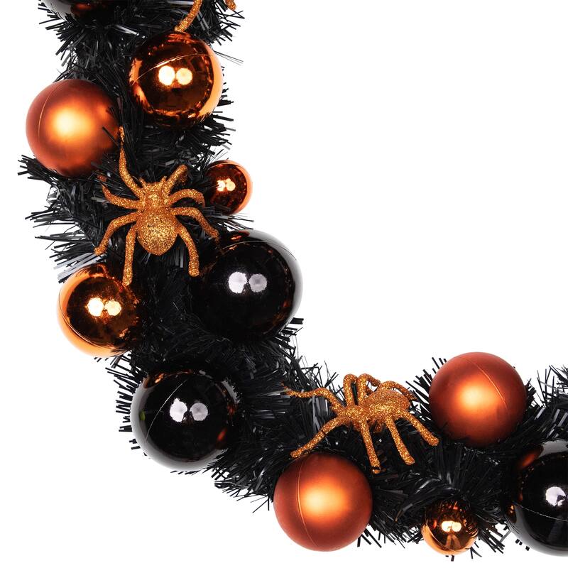 Spiders and Ornaments Halloween Wreath - 18" - Orange and Black - Unlit