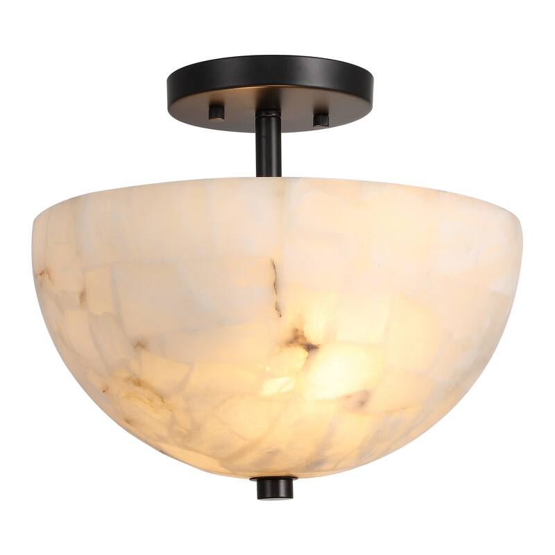 Jules 11.88" 2-Light Modern Alabaster/Iron Inverted Dome LED Semi Flush Mount, White Marbling/Brass Gold by JONATHAN Y - Black/White