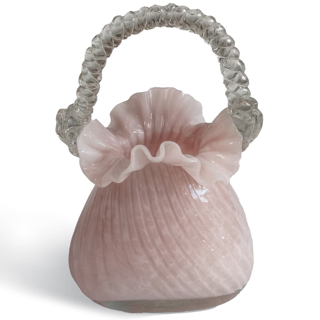 Pink Scalloped Glass Basket Vase Decorative Floral Display Accent