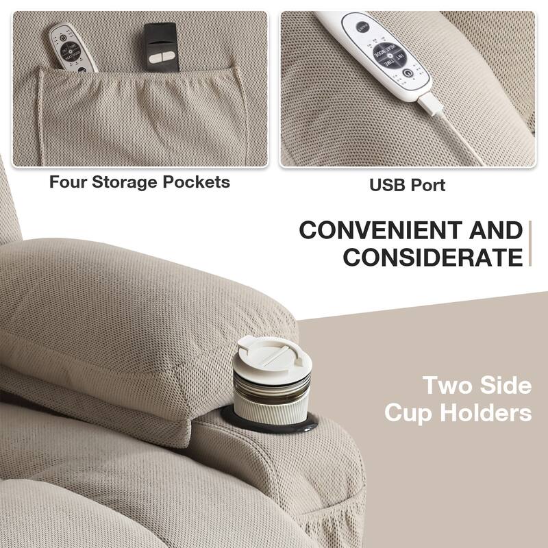 Electric Recliner Chair with Massage and Heat, USB Port, Cup Holders and Side Pockets, Adjustable Vibration Modes and Heating
