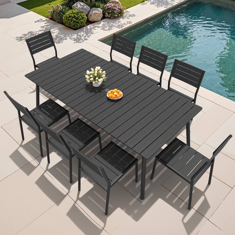Outdoor Aluminum 9-piece Patio Dining Set Dining Table with Umbrella Hole and Chairs - Black