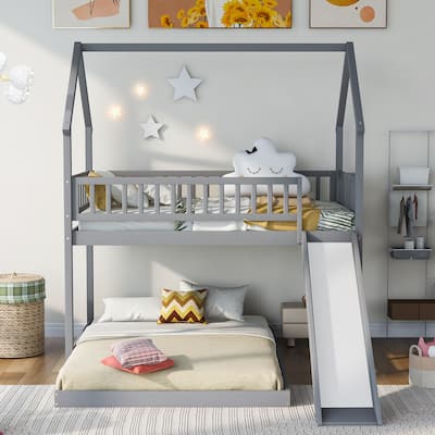 Twin Over Full House Bunk Bed with Slide, Built-in Ladder, and Guardrails