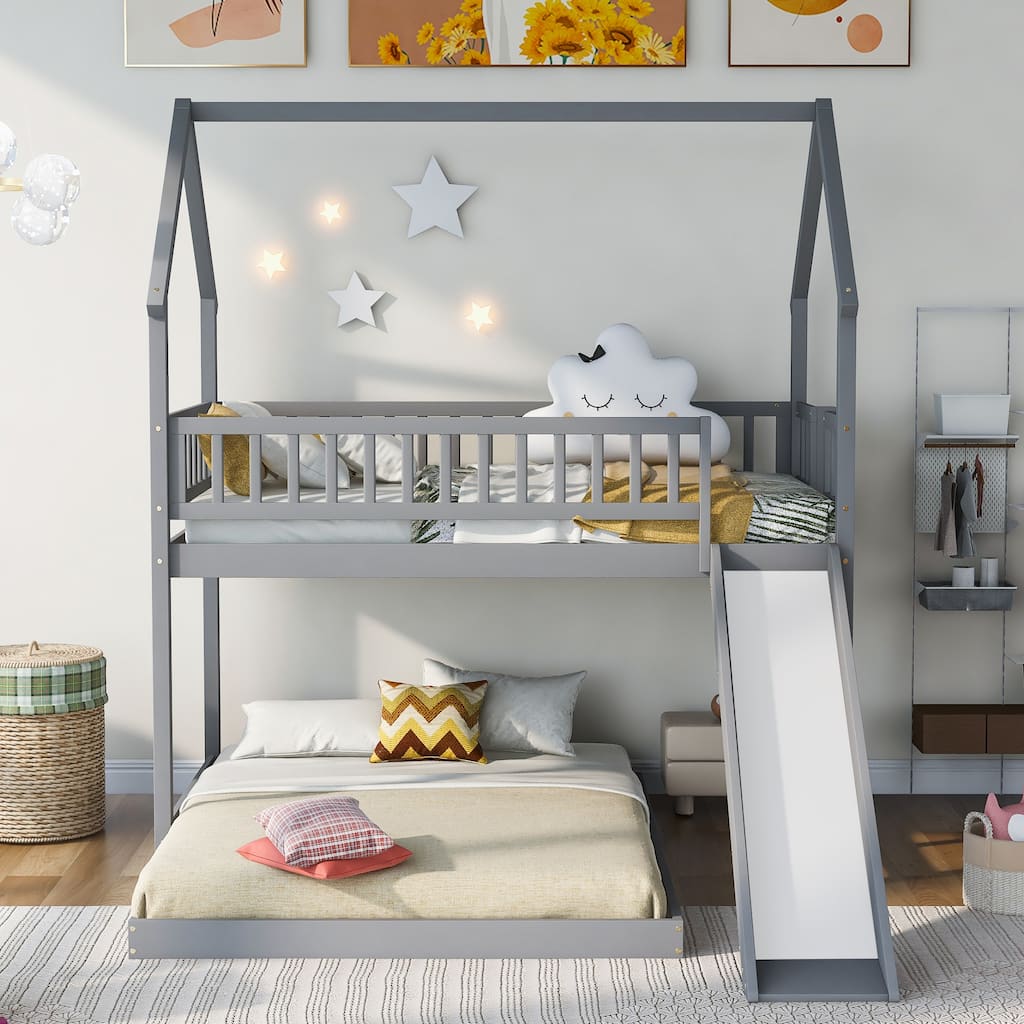 Twin Over Full House Bunk Bed with Slide and Built-in Ladder, Full-Length Guardrails