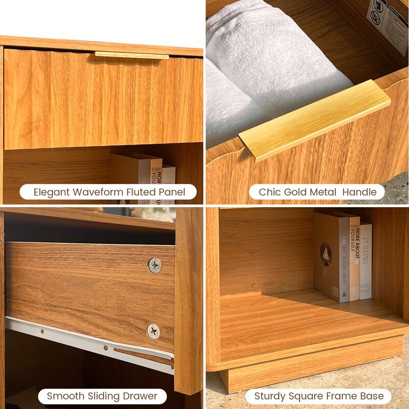 Contemporary Nightstand with Fluted Drawers and Open Storage