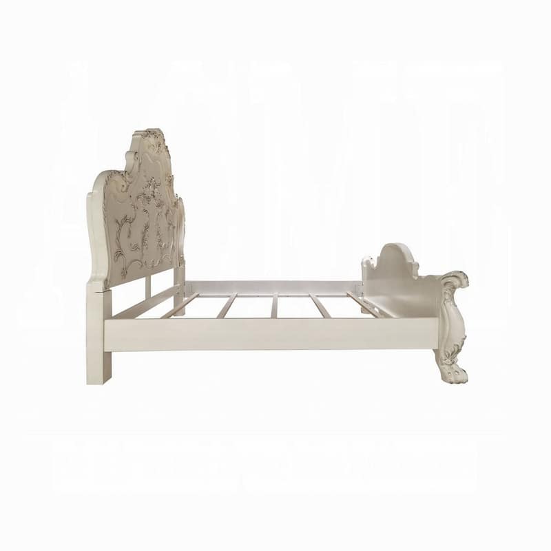 Ally King Bed, Decorative Carved Accent Inlay, Bone White Wood, Silver