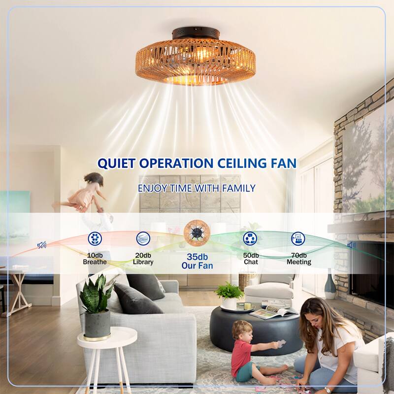 20" Rope Caged Ceiling Fans with Remote, Flush Mount Ceiling Fan with Light, Low Profile Chandelier 6 Speed DC Motor