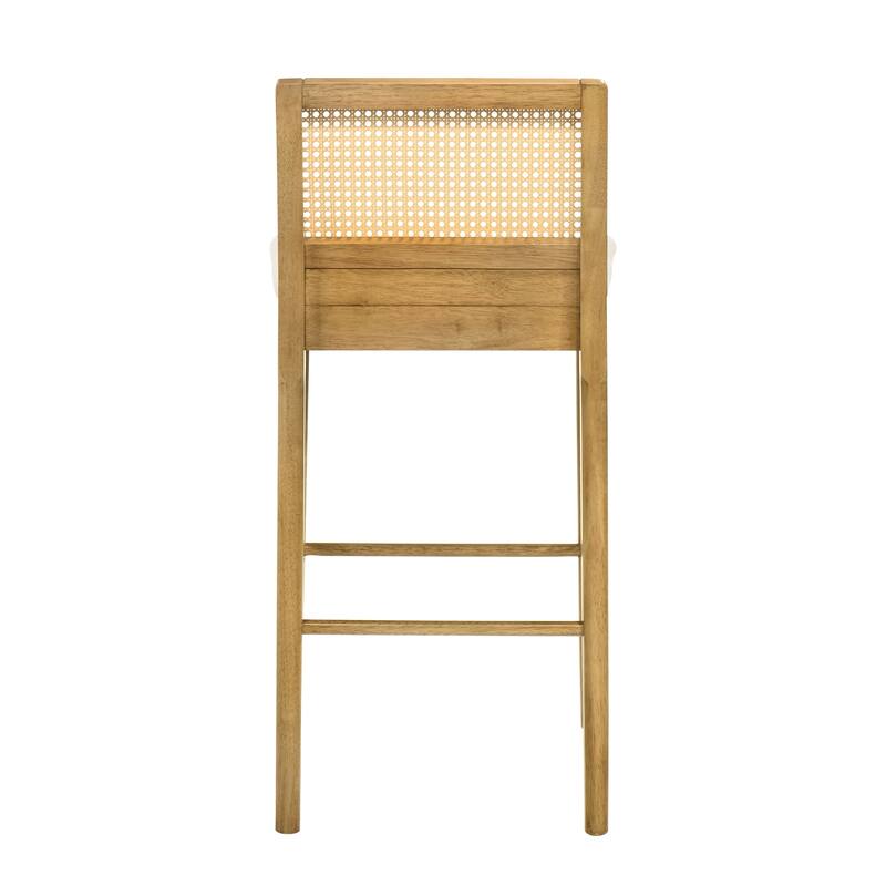 Tobias Rattan and Wood Bar Stool, Counter Height Kitchen Stool with White Boucle Fabric Upholstered Seat