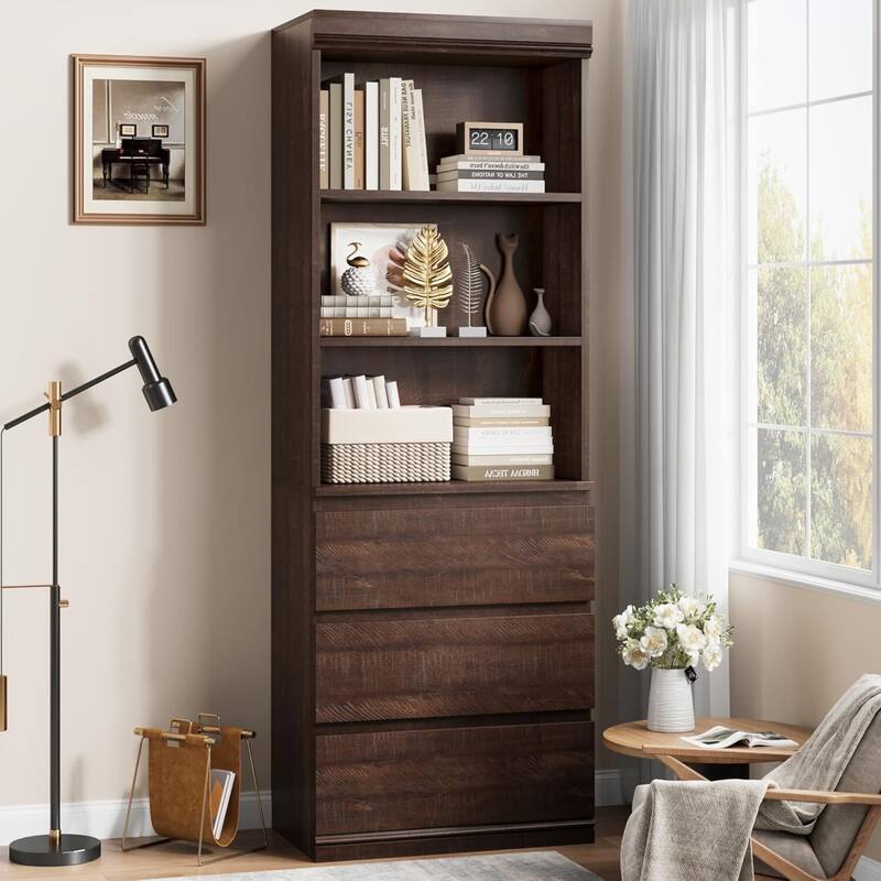 70 Inch Freestanding Modern Tall Bookcase with 3 Drawers - N/A - Brown
