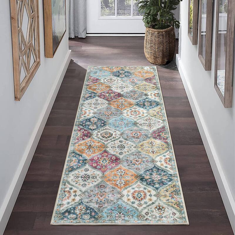 Rugs for Living Room Vintage Oriental Trellis Area Rug Soft Non Slip Low Pile Accent Rugs for Dining Room Office