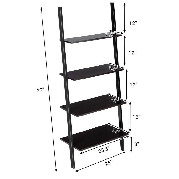 Multipurpose 4-Tier Industrial Leaning Wall Bookcase with Metal Frame - 25'' x 14'' x 60'' (L x W x H)