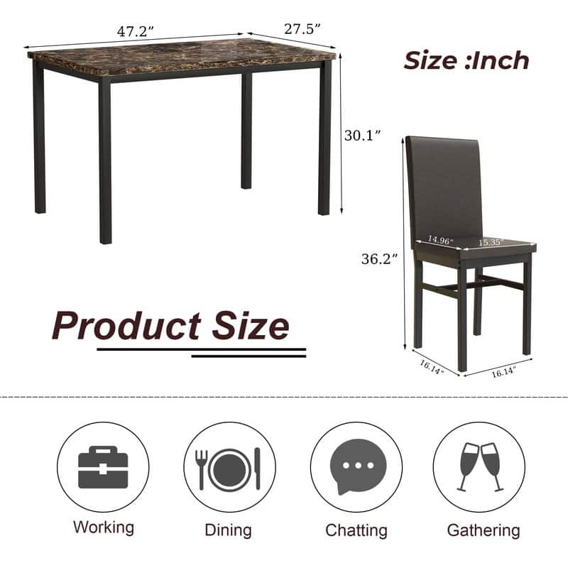 Grondin Modern Contemporary 5 Pieces Dining Table Set with Faux Marble Top and 4 PU Leather Upholstered Chairs