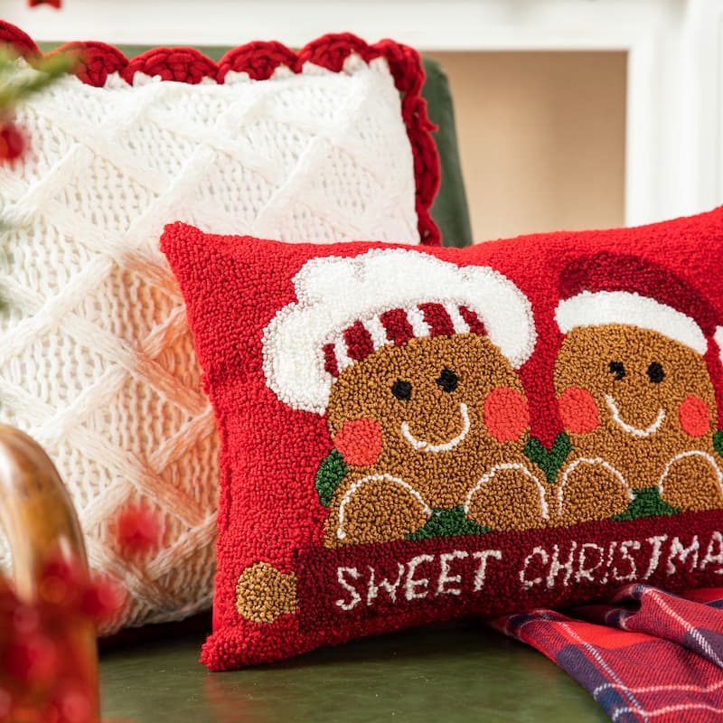 Glitzhome 18"L Hooked Gingerbread Boy & Girl Christmas Throw Pillow
