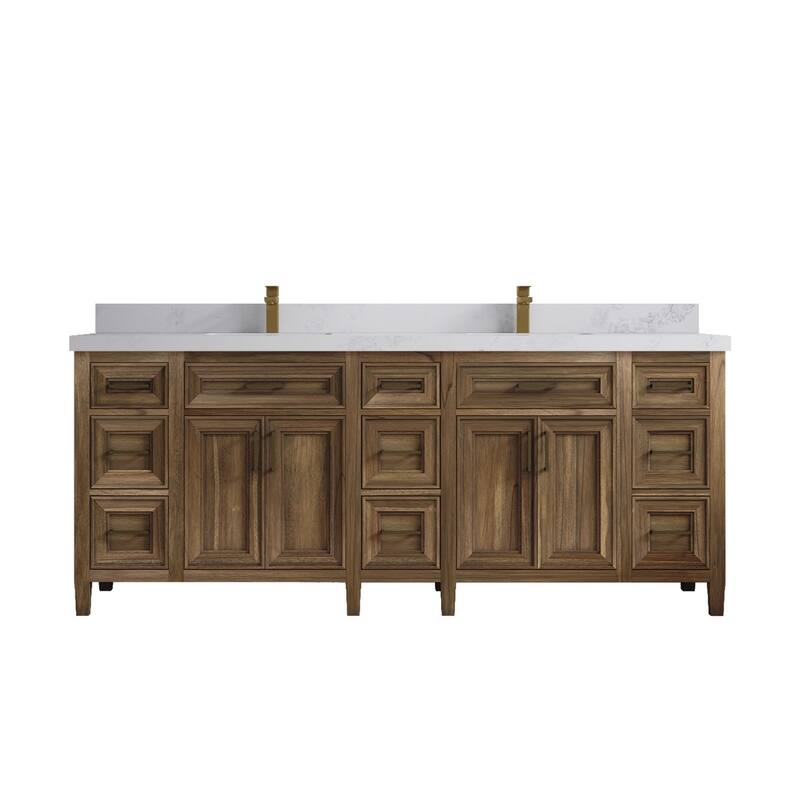 Willow Collections 84 in. W x 22 in. D Santa Monica Teak Double Sink Bathroom Vanity with Countertop - 2" Calacatta Nuvo - Gray Washed Teak