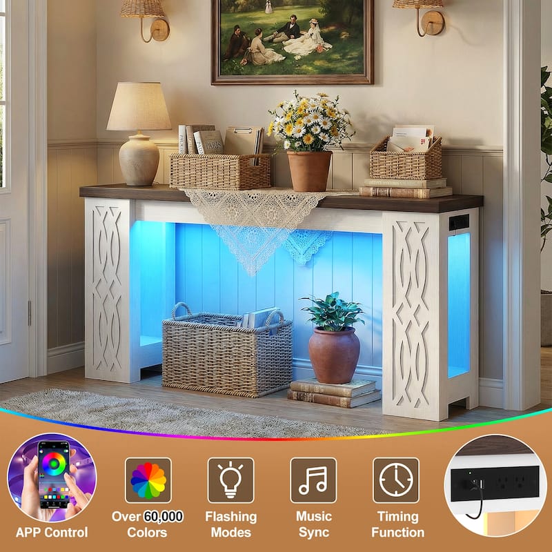 63" Farmhouse Console Table with RGB LED Lights ＆ Power Outlets, Unique Carved Design Entryway Table, Wooden Sofa Table