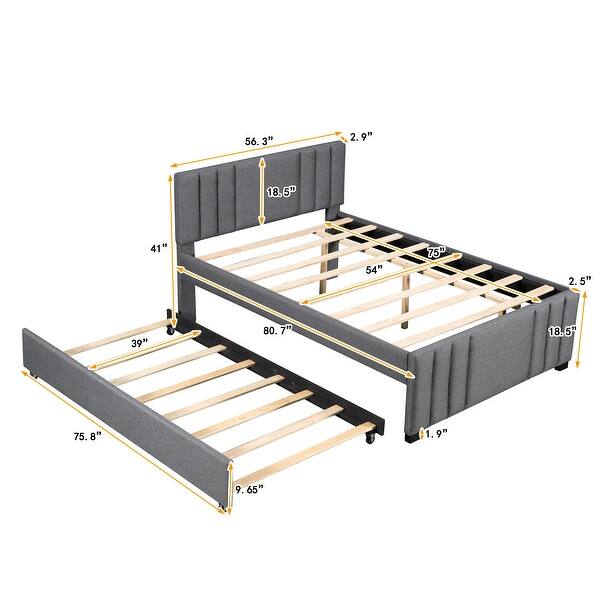 Full Size Upholstered Platform Bed with Trundle, Linen Upholstery, Tufted Headboard, Sturdy Frame