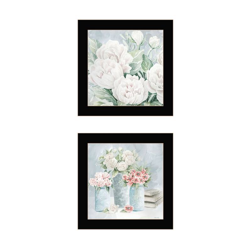 Trendy Decor 4U "Peaceful Pastel Peonies" Printed Framed Wall Art by Cindy Jacobs - Black - 14 x 14