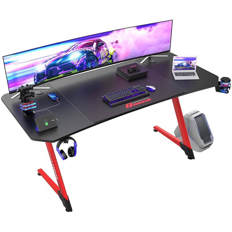 BOSSIN Ergonomic Gaming Desk Z-Shaped Office PC Computer Desk Gamer Tables with Cup Holder and Headphone Hook