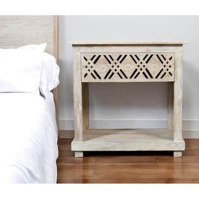 28" White Distressed Carved Geometric Solid Wood Nightstand