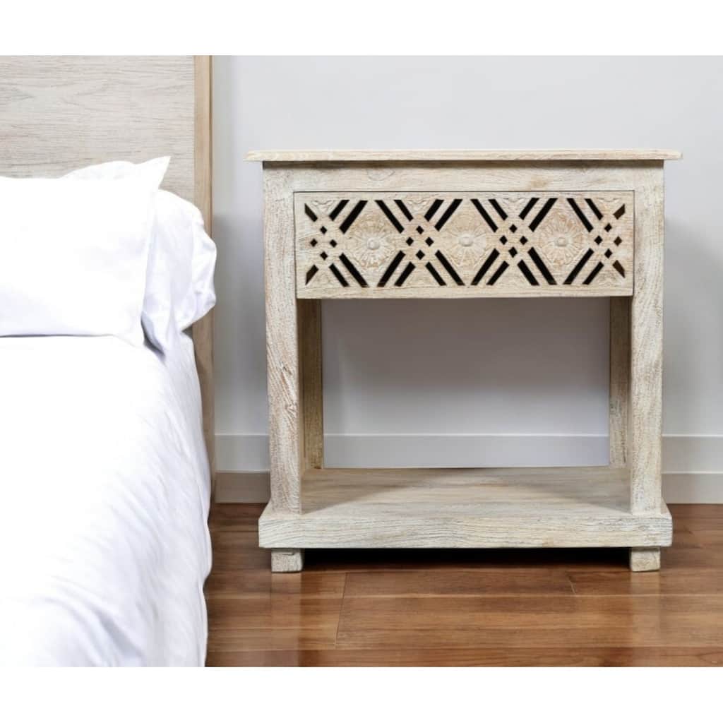 28" White Distressed Carved Geometric Solid Wood Nightstand
