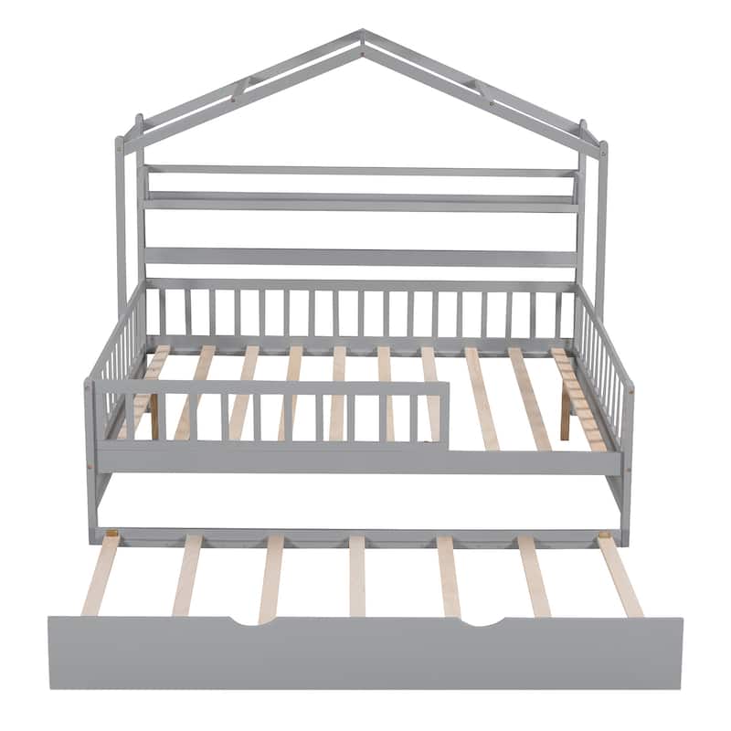 Wooden Full Size House Bed with Twin Size Trundle,Kids Bed with Shelf