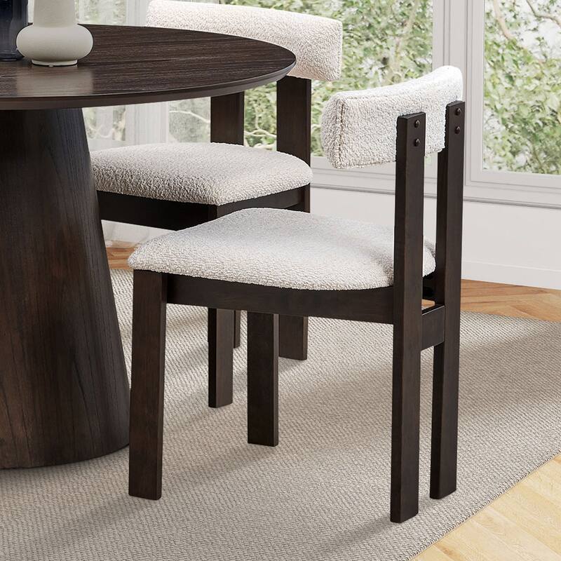 2 PCS Wooden Dining Chairs, Modern Boucle Upholstered Mid Century Side Chairs with Open Back