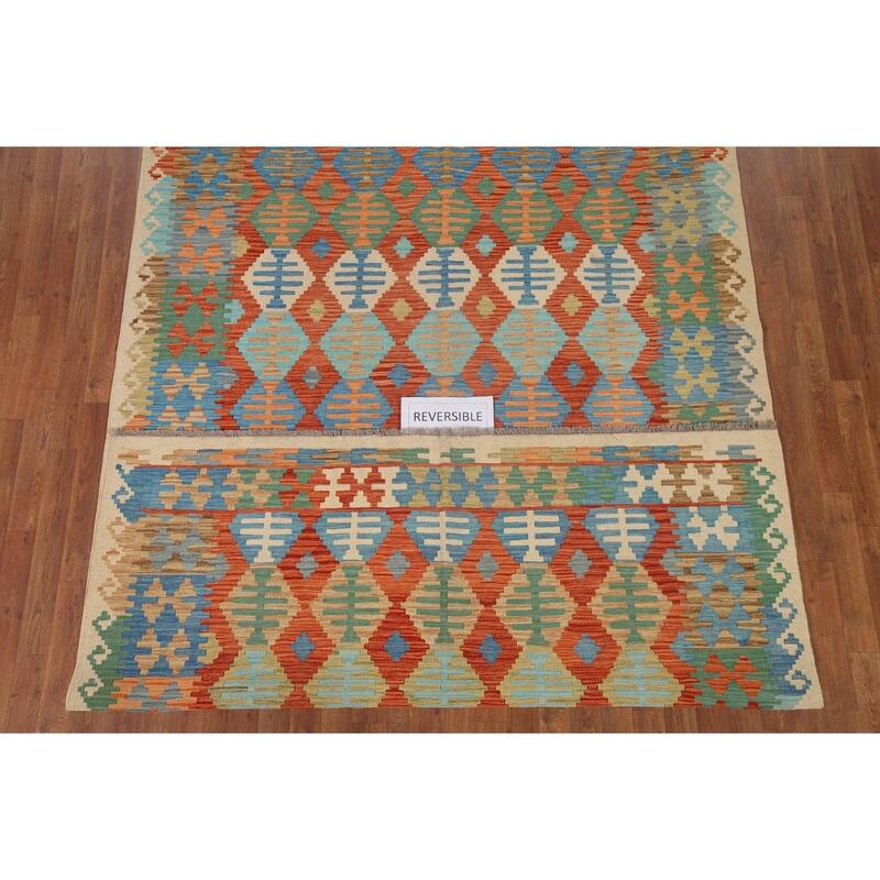 Hand Woven Oriental 100% Wool Carpet Southwestern Geometric Oranges & Rust Kilim Area Rug - 9' 7'' X 6' 5''