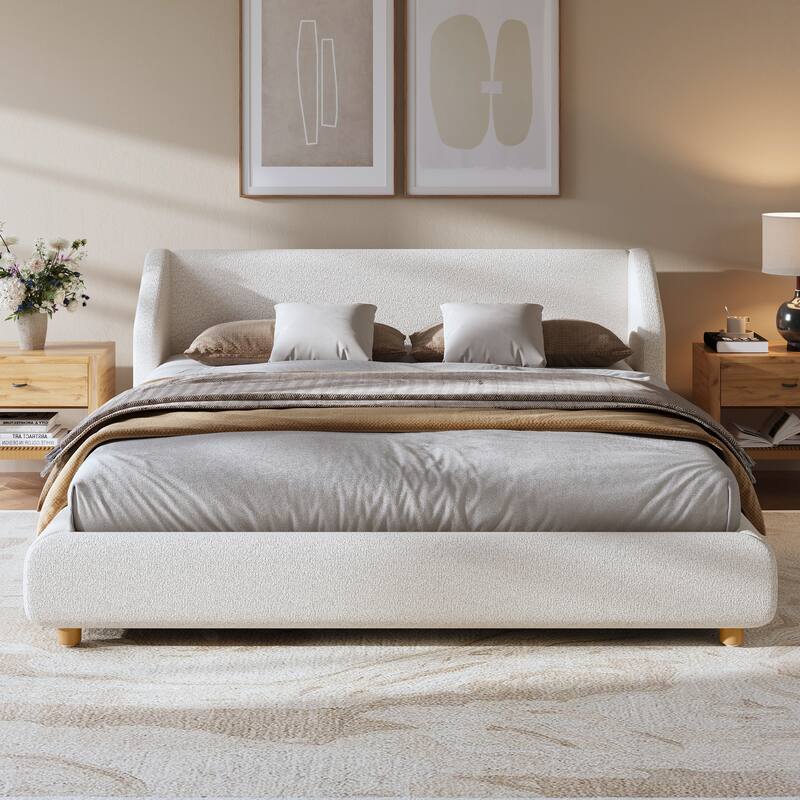 Christopher Knight Home - Arvilla Modern Boucle Upholstered Low Profile Platform Bed with Wingback Headboard & Wooden Slats - White - King