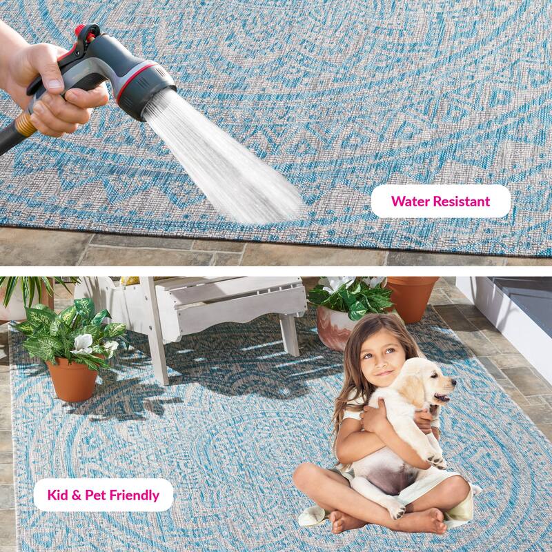 SAFAVIEH Courtyard Deepa Mandala Indoor /Outdoor Waterproof Patio Backyard Rug - 5'3" x 7'7" - Light Grey/Aqua