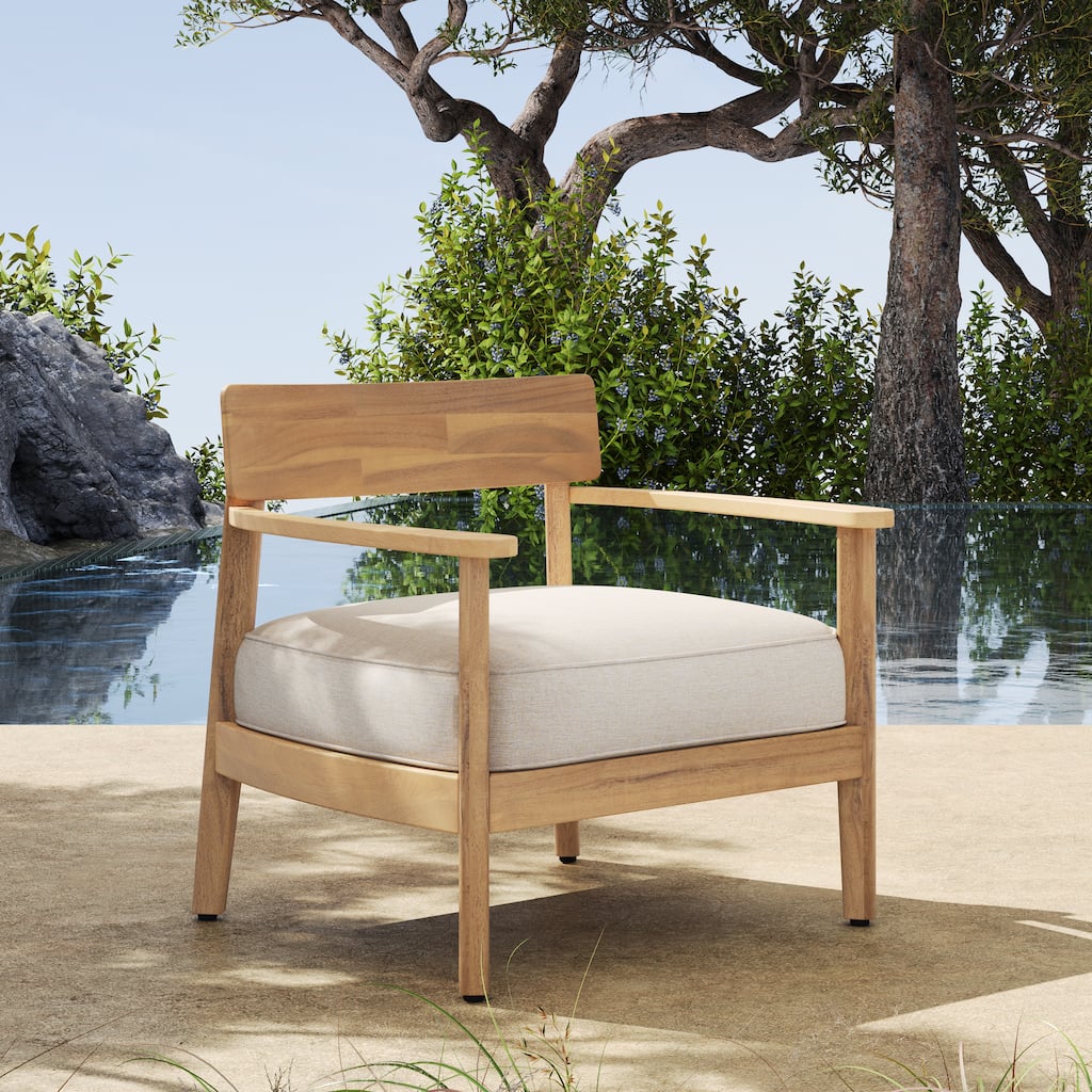 Roomfitters Mallorca Outdoor Acacia Wood Club Chair with Seat Cushion, Teak Finish and Beige Fabric