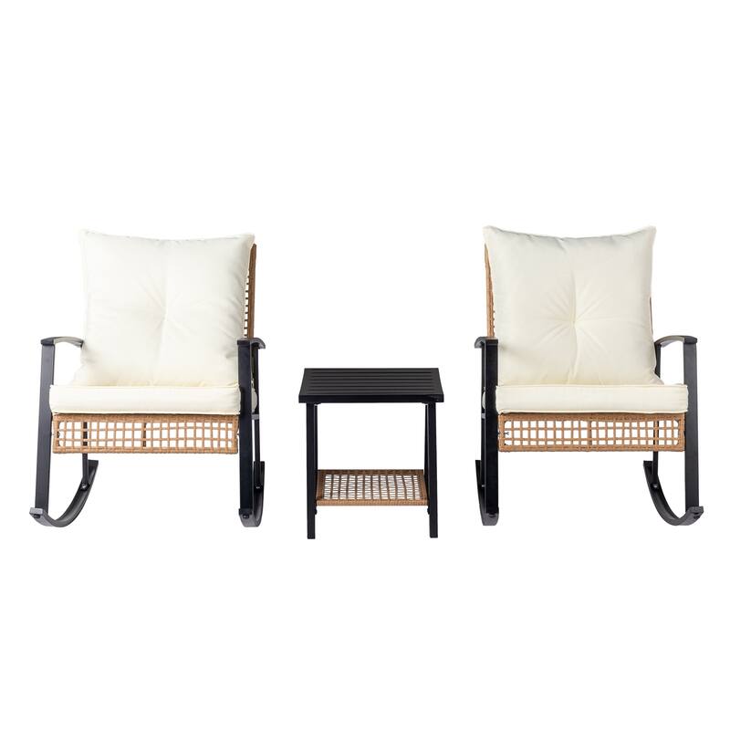 3-Piece Beige Patio Bistro Set with Rattan Rocking Chairs and Coffee Table Outdoor Furniture