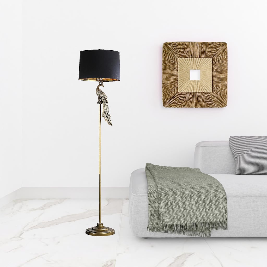 HomeRoots 65" Gold And Black Floor Lamp With Black Fabric Drum Shade - 15" L x 15" W x 64.5" H