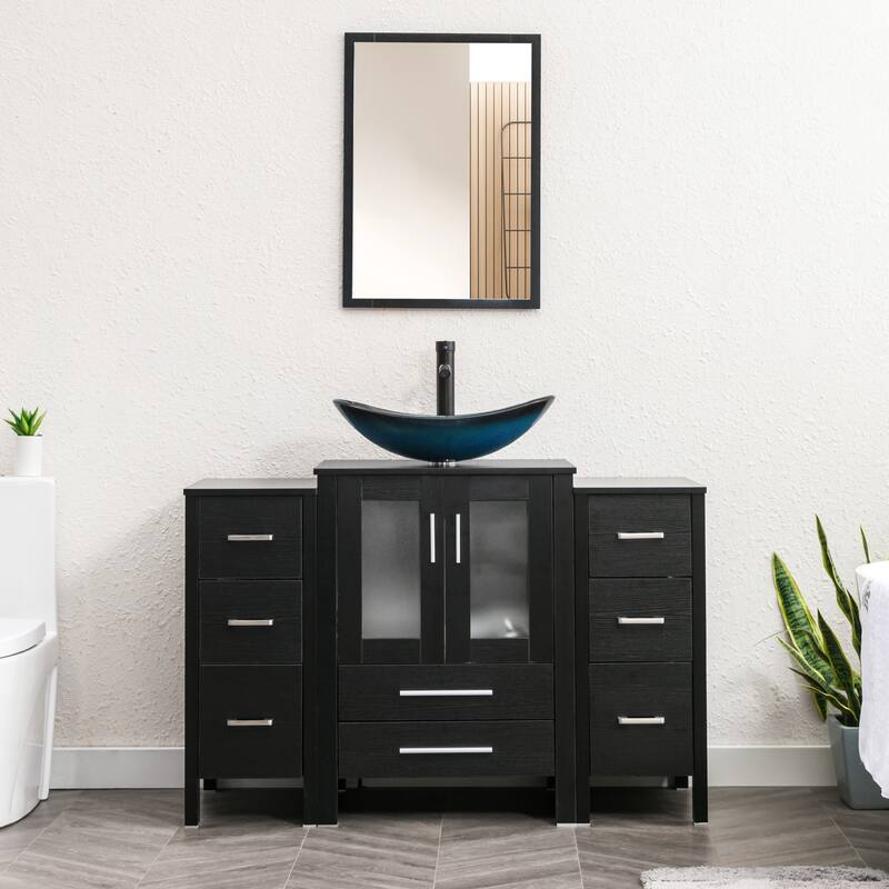 48" Bathroom Vanity Set Vessel Sink Mirror Faucet W/ Small Cabinet Combo - Glass blue boat sink - Black