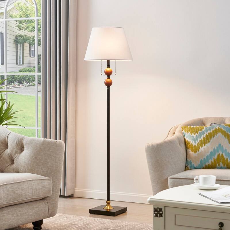 61''Black Metal & Red Wood Floor Lamp with Fabric Shade - W16" x D16" x H61"